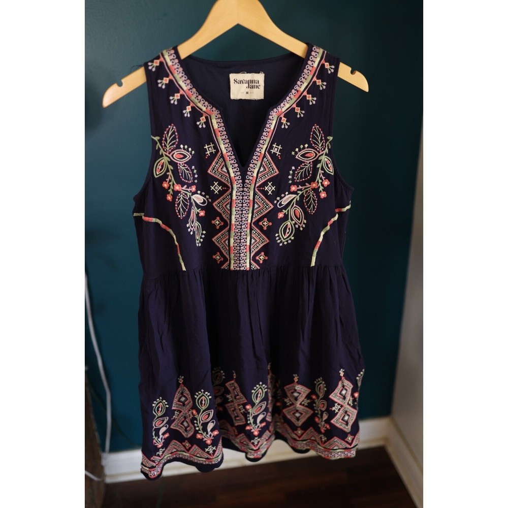 Savannah Jane Boho Embroidered, Navy Sleeveless Dress. Size:M